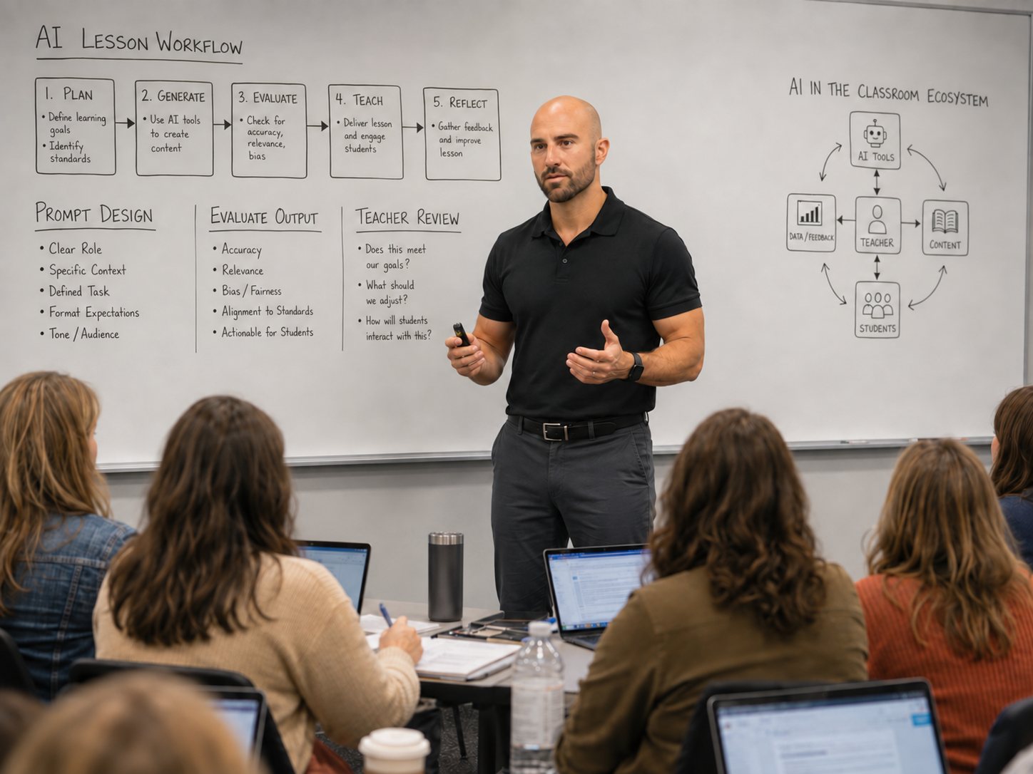 Gregory leading teachers through an AI lesson workflow on a whiteboard