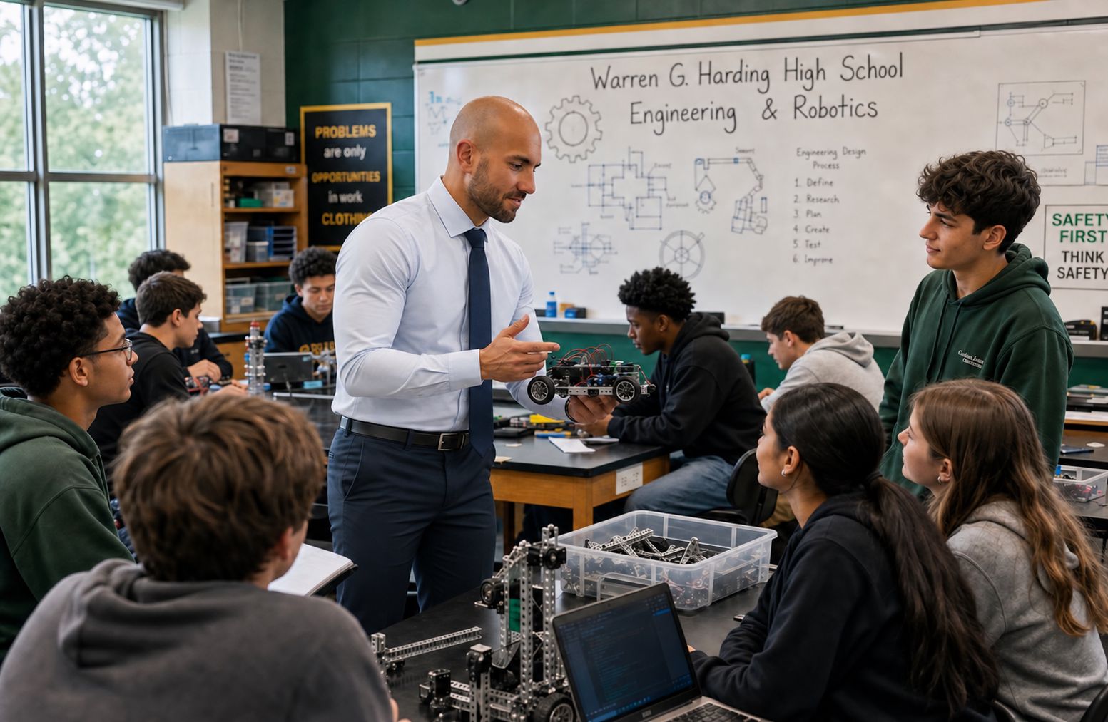 Gregory explaining a small robot to students in the Warren G. Harding High School engineering classroom