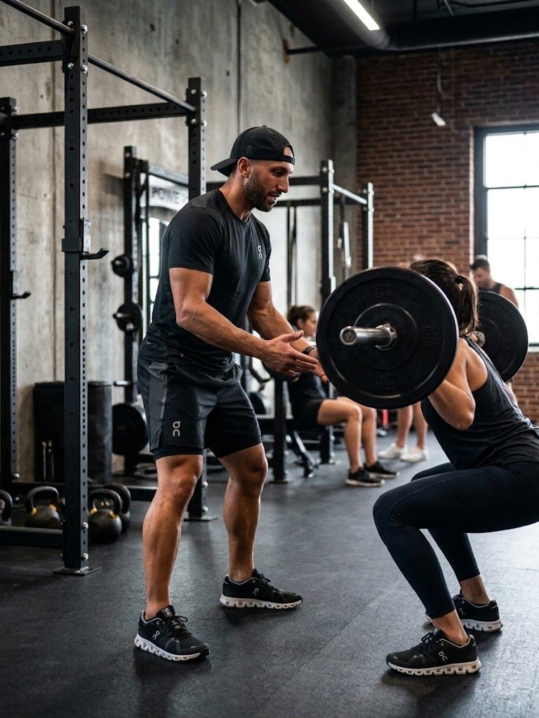 Gregory coaching a client through a barbell squat