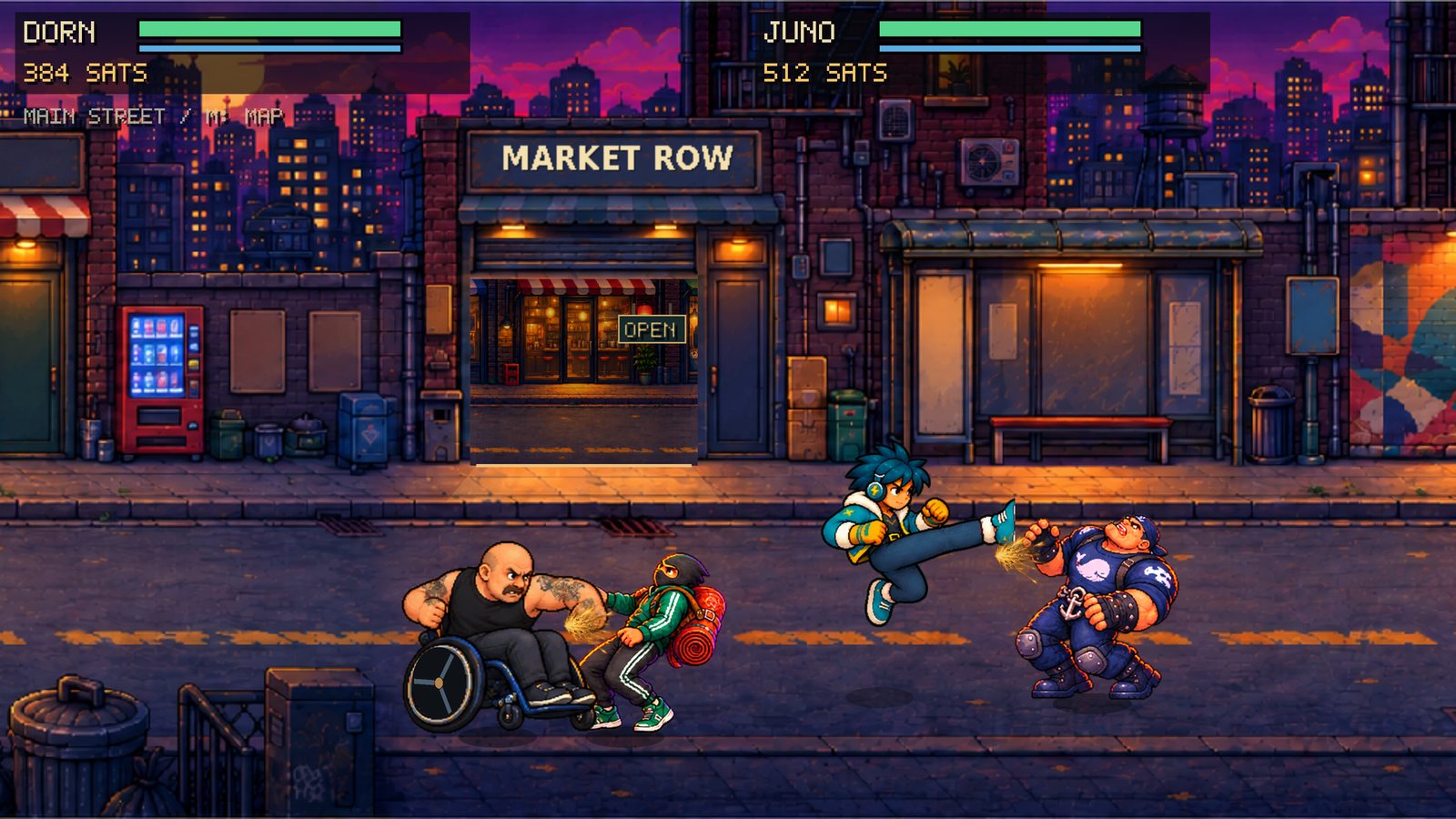 Crypto City Ransom, a pixel-art street brawler with two players fighting on a city street at dusk