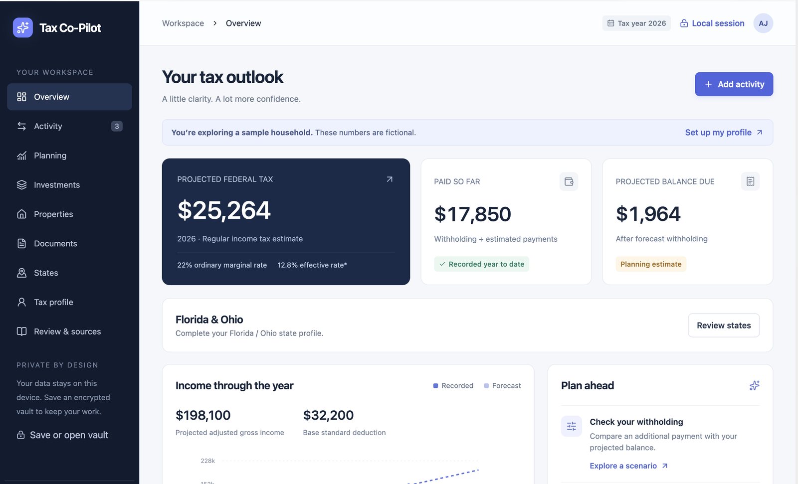 Tax Co-Pilot dashboard showing projected federal tax, payments so far, and balance due for a sample household
