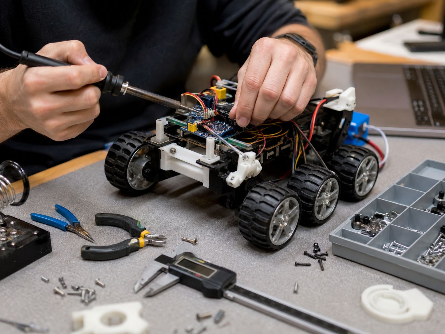 Hands soldering the electronics on a six-wheeled robot