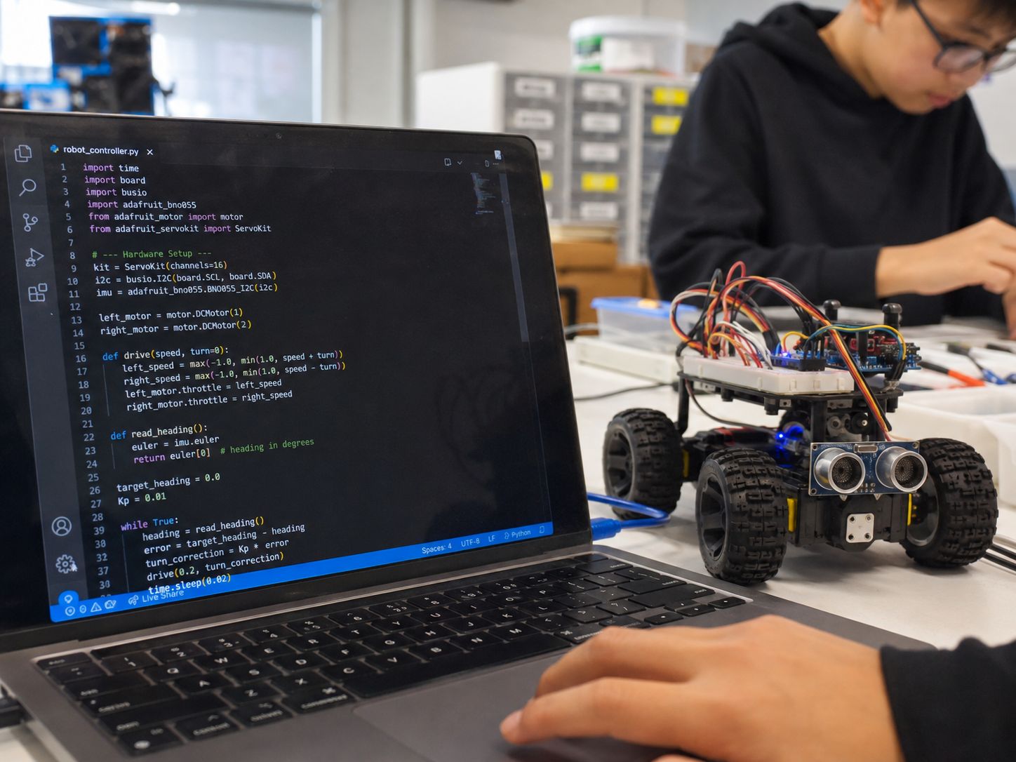 Laptop showing Python robot-control code next to a small wheeled robot
